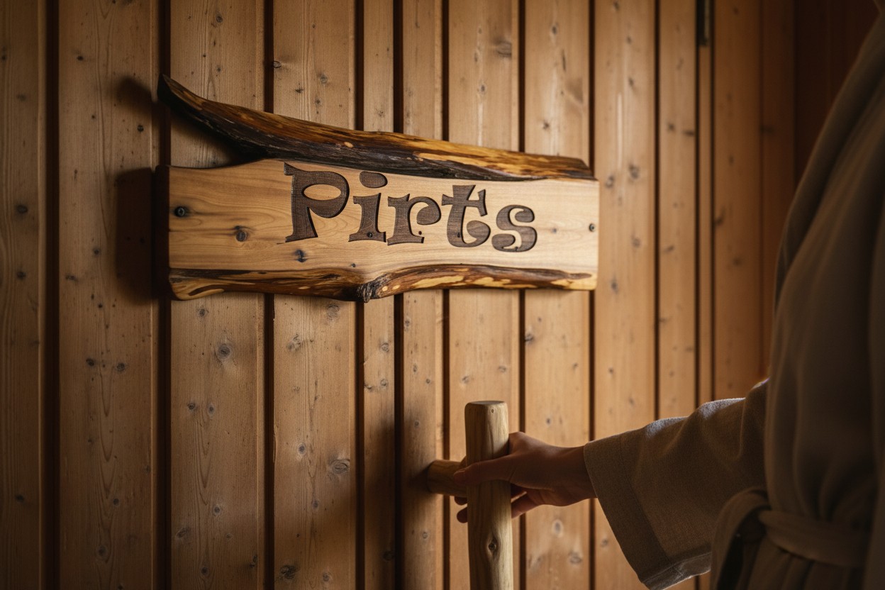 Gravēts koka uzraksts pirtij